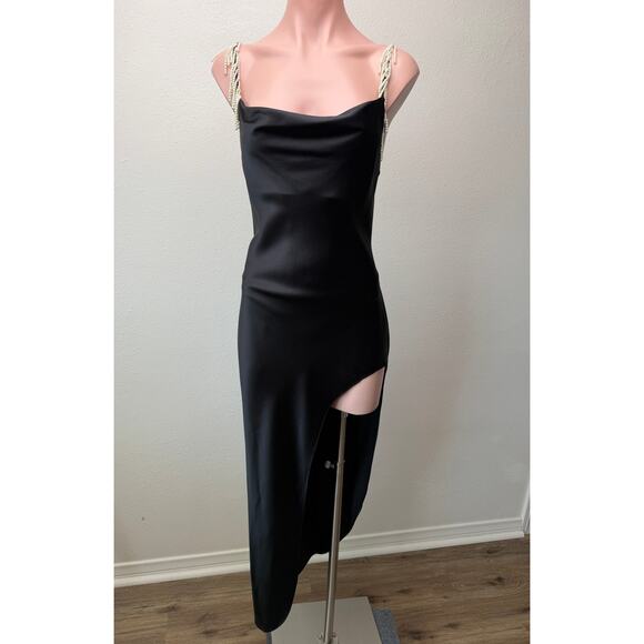 Fleur du Mal Dresses & Skirts - Fleur du Mal Black Silk Pearl Strap High Slit Midi Dress Size S